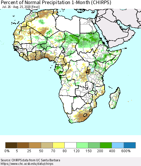 Africa Percent of Normal Precipitation 1-Month (CHIRPS) Thematic Map For 7/26/2020 - 8/25/2020