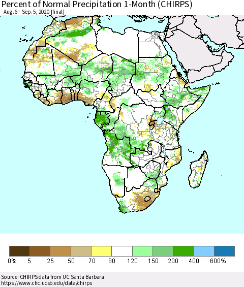 Africa Percent of Normal Precipitation 1-Month (CHIRPS) Thematic Map For 8/6/2020 - 9/5/2020