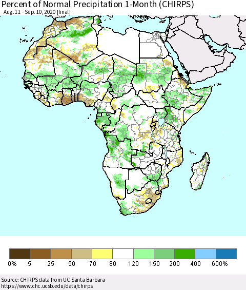 Africa Percent of Normal Precipitation 1-Month (CHIRPS) Thematic Map For 8/11/2020 - 9/10/2020