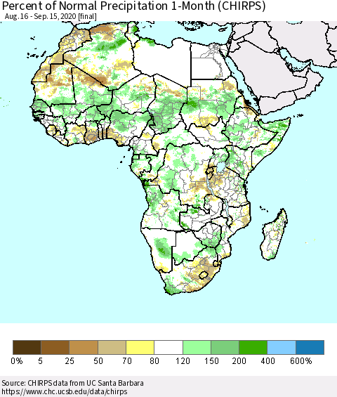 Africa Percent of Normal Precipitation 1-Month (CHIRPS) Thematic Map For 8/16/2020 - 9/15/2020
