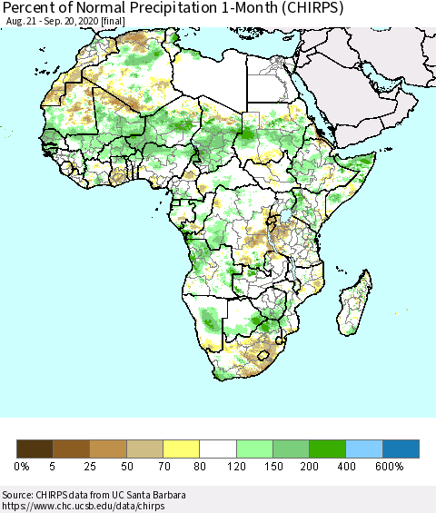 Africa Percent of Normal Precipitation 1-Month (CHIRPS) Thematic Map For 8/21/2020 - 9/20/2020