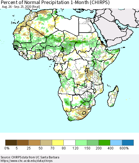 Africa Percent of Normal Precipitation 1-Month (CHIRPS) Thematic Map For 8/26/2020 - 9/25/2020