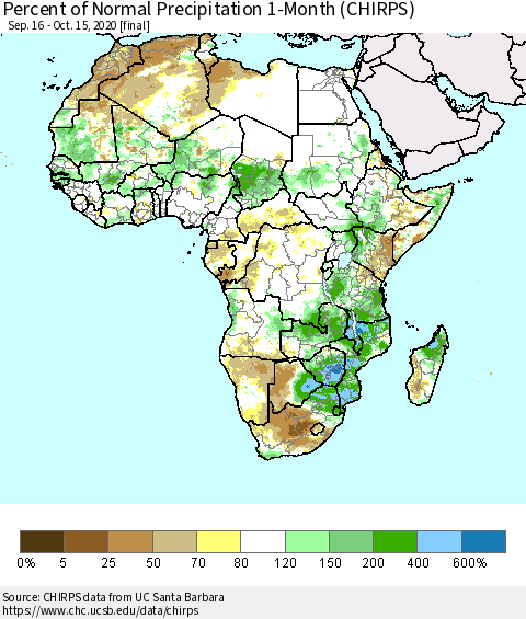 Africa Percent of Normal Precipitation 1-Month (CHIRPS) Thematic Map For 9/16/2020 - 10/15/2020