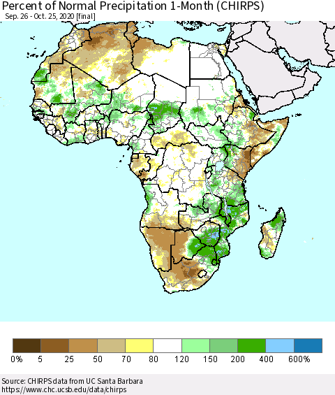 Africa Percent of Normal Precipitation 1-Month (CHIRPS) Thematic Map For 9/26/2020 - 10/25/2020