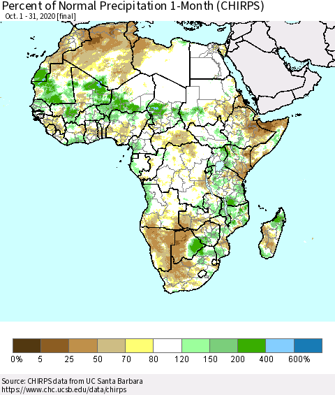 Africa Percent of Normal Precipitation 1-Month (CHIRPS) Thematic Map For 10/1/2020 - 10/31/2020