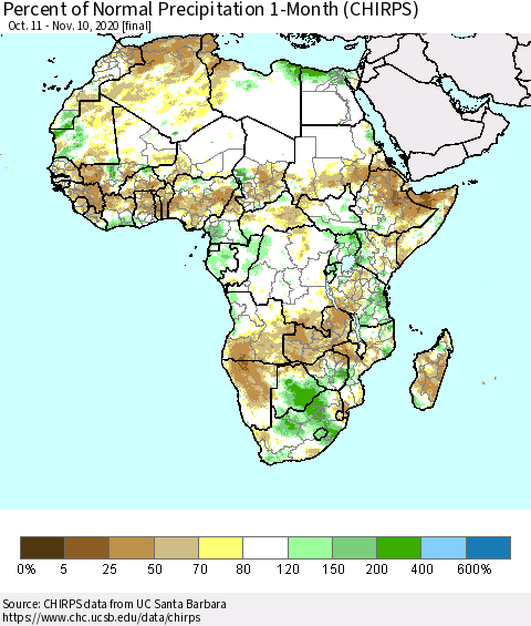 Africa Percent of Normal Precipitation 1-Month (CHIRPS) Thematic Map For 10/11/2020 - 11/10/2020