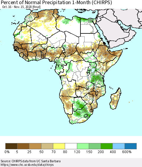Africa Percent of Normal Precipitation 1-Month (CHIRPS) Thematic Map For 10/16/2020 - 11/15/2020