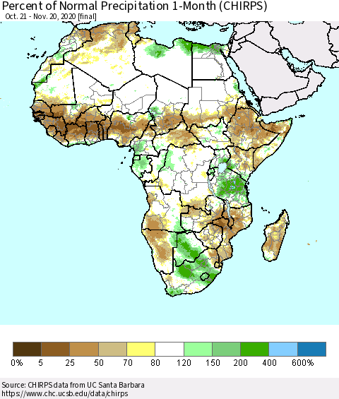 Africa Percent of Normal Precipitation 1-Month (CHIRPS) Thematic Map For 10/21/2020 - 11/20/2020