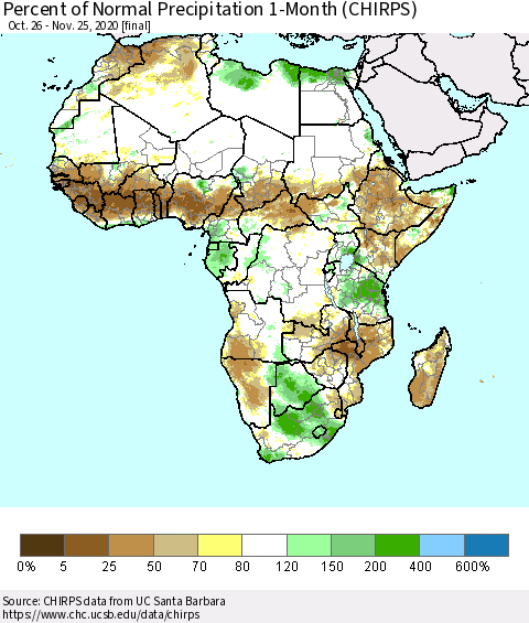 Africa Percent of Normal Precipitation 1-Month (CHIRPS) Thematic Map For 10/26/2020 - 11/25/2020