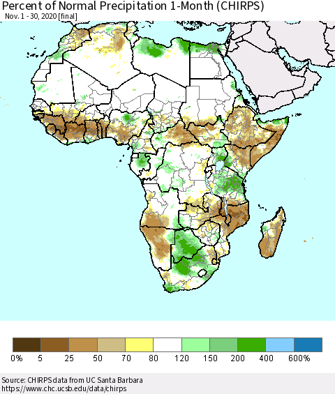 Africa Percent of Normal Precipitation 1-Month (CHIRPS) Thematic Map For 11/1/2020 - 11/30/2020