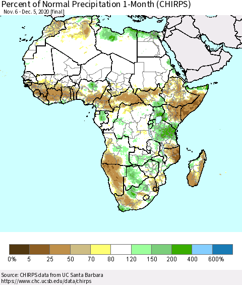 Africa Percent of Normal Precipitation 1-Month (CHIRPS) Thematic Map For 11/6/2020 - 12/5/2020