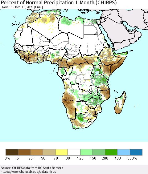 Africa Percent of Normal Precipitation 1-Month (CHIRPS) Thematic Map For 11/11/2020 - 12/10/2020