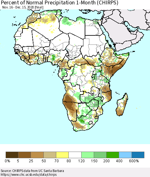 Africa Percent of Normal Precipitation 1-Month (CHIRPS) Thematic Map For 11/16/2020 - 12/15/2020