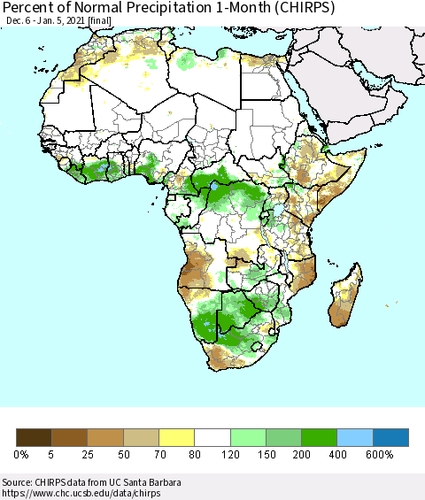 Africa Percent of Normal Precipitation 1-Month (CHIRPS) Thematic Map For 12/6/2020 - 1/5/2021