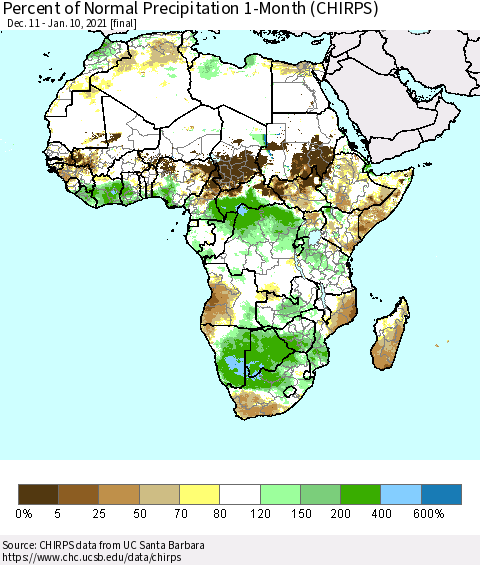 Africa Percent of Normal Precipitation 1-Month (CHIRPS) Thematic Map For 12/11/2020 - 1/10/2021