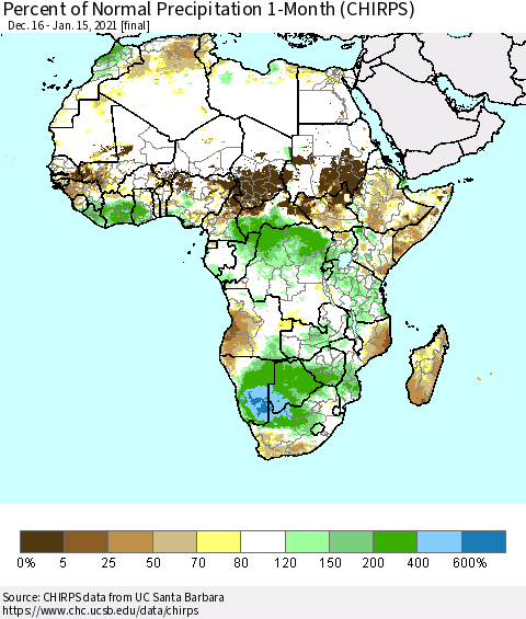 Africa Percent of Normal Precipitation 1-Month (CHIRPS) Thematic Map For 12/16/2020 - 1/15/2021