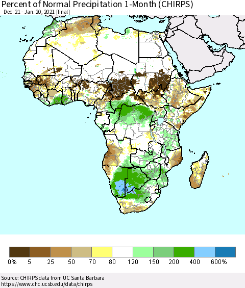 Africa Percent of Normal Precipitation 1-Month (CHIRPS) Thematic Map For 12/21/2020 - 1/20/2021