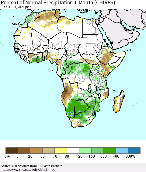 Africa Percent of Normal Precipitation 1-Month (CHIRPS) Thematic Map For 1/1/2021 - 1/31/2021