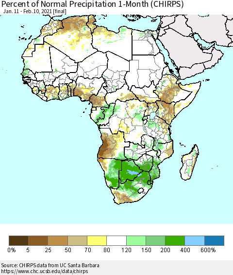 Africa Percent of Normal Precipitation 1-Month (CHIRPS) Thematic Map For 1/11/2021 - 2/10/2021