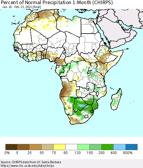 Africa Percent of Normal Precipitation 1-Month (CHIRPS) Thematic Map For 1/16/2021 - 2/15/2021