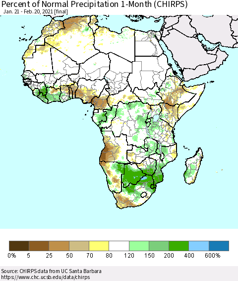 Africa Percent of Normal Precipitation 1-Month (CHIRPS) Thematic Map For 1/21/2021 - 2/20/2021