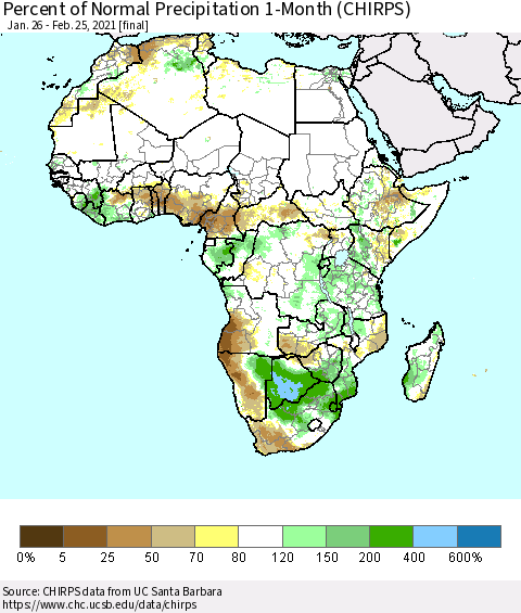 Africa Percent of Normal Precipitation 1-Month (CHIRPS) Thematic Map For 1/26/2021 - 2/25/2021