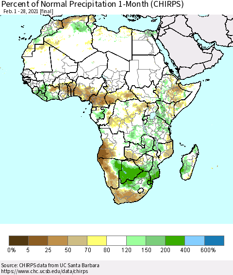 Africa Percent of Normal Precipitation 1-Month (CHIRPS) Thematic Map For 2/1/2021 - 2/28/2021
