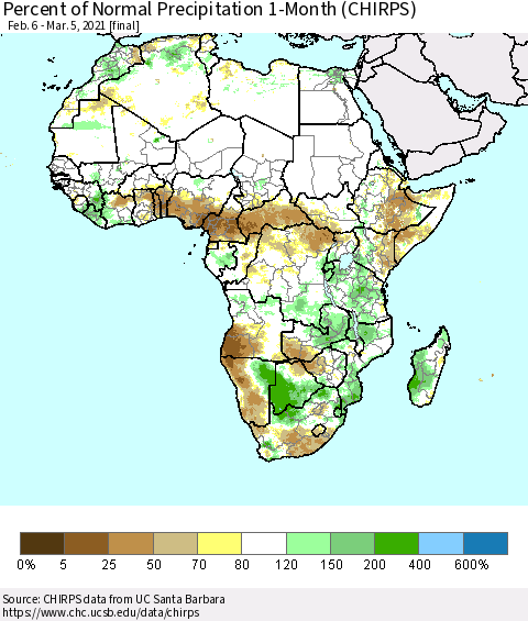 Africa Percent of Normal Precipitation 1-Month (CHIRPS) Thematic Map For 2/6/2021 - 3/5/2021