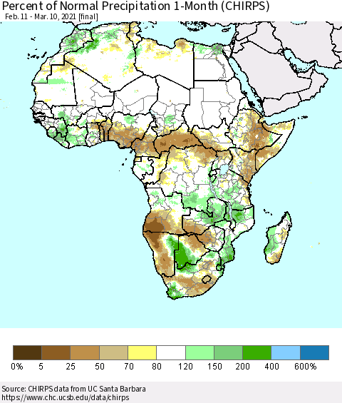 Africa Percent of Normal Precipitation 1-Month (CHIRPS) Thematic Map For 2/11/2021 - 3/10/2021