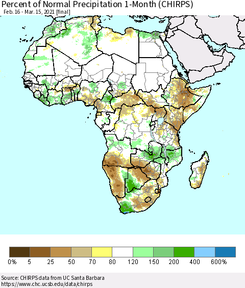 Africa Percent of Normal Precipitation 1-Month (CHIRPS) Thematic Map For 2/16/2021 - 3/15/2021
