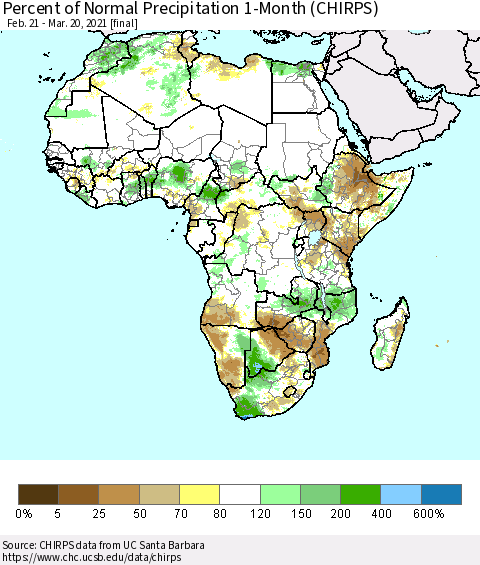 Africa Percent of Normal Precipitation 1-Month (CHIRPS) Thematic Map For 2/21/2021 - 3/20/2021