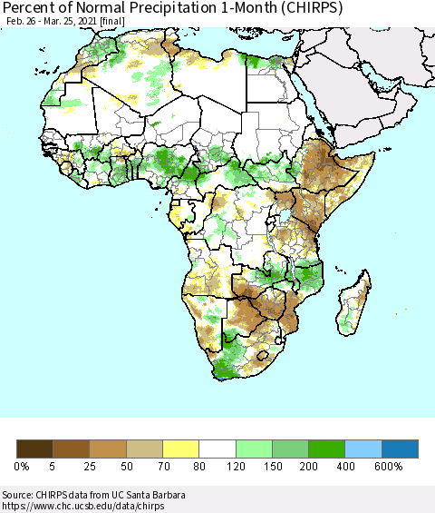 Africa Percent of Normal Precipitation 1-Month (CHIRPS) Thematic Map For 2/26/2021 - 3/25/2021