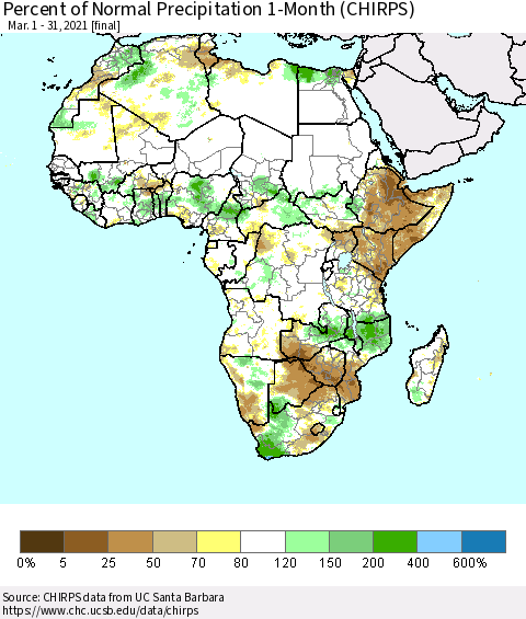 Africa Percent of Normal Precipitation 1-Month (CHIRPS) Thematic Map For 3/1/2021 - 3/31/2021