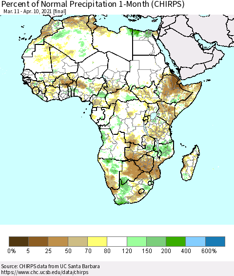 Africa Percent of Normal Precipitation 1-Month (CHIRPS) Thematic Map For 3/11/2021 - 4/10/2021