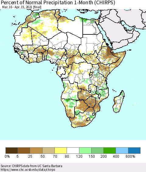 Africa Percent of Normal Precipitation 1-Month (CHIRPS) Thematic Map For 3/16/2021 - 4/15/2021