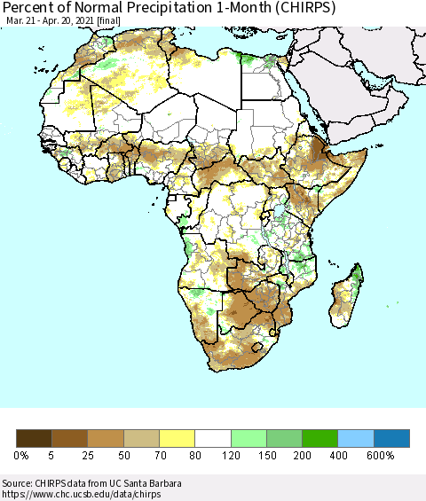 Africa Percent of Normal Precipitation 1-Month (CHIRPS) Thematic Map For 3/21/2021 - 4/20/2021