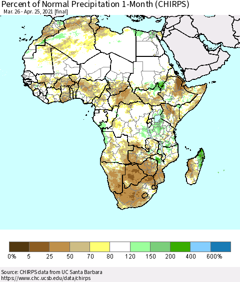Africa Percent of Normal Precipitation 1-Month (CHIRPS) Thematic Map For 3/26/2021 - 4/25/2021