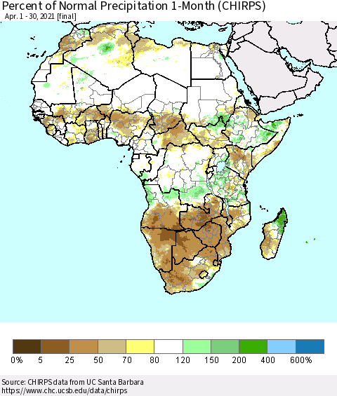 Africa Percent of Normal Precipitation 1-Month (CHIRPS) Thematic Map For 4/1/2021 - 4/30/2021