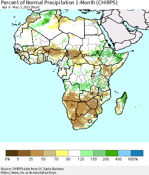 Africa Percent of Normal Precipitation 1-Month (CHIRPS) Thematic Map For 4/6/2021 - 5/5/2021
