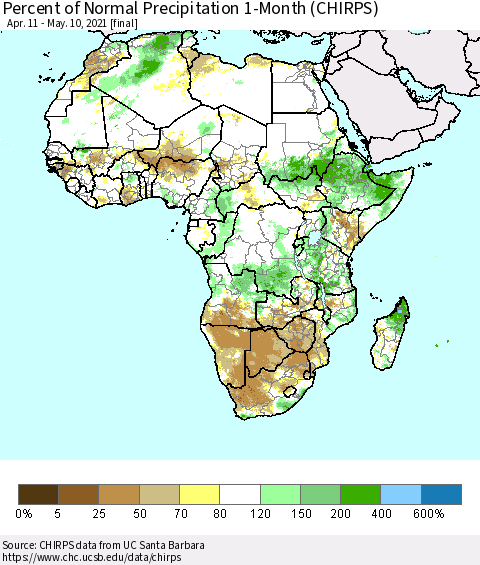 Africa Percent of Normal Precipitation 1-Month (CHIRPS) Thematic Map For 4/11/2021 - 5/10/2021