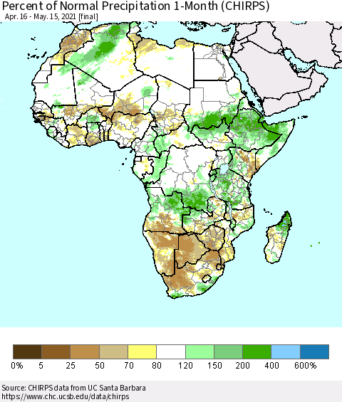 Africa Percent of Normal Precipitation 1-Month (CHIRPS) Thematic Map For 4/16/2021 - 5/15/2021