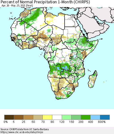 Africa Percent of Normal Precipitation 1-Month (CHIRPS) Thematic Map For 4/26/2021 - 5/25/2021