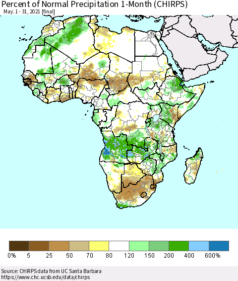 Africa Percent of Normal Precipitation 1-Month (CHIRPS) Thematic Map For 5/1/2021 - 5/31/2021