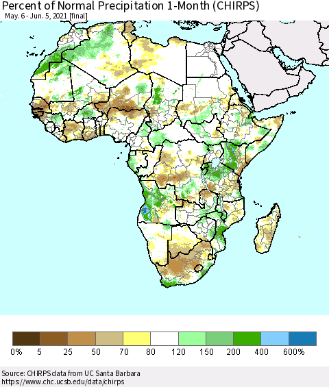 Africa Percent of Normal Precipitation 1-Month (CHIRPS) Thematic Map For 5/6/2021 - 6/5/2021