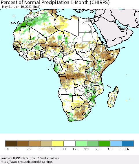 Africa Percent of Normal Precipitation 1-Month (CHIRPS) Thematic Map For 5/11/2021 - 6/10/2021