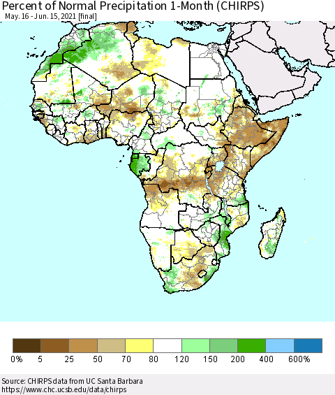 Africa Percent of Normal Precipitation 1-Month (CHIRPS) Thematic Map For 5/16/2021 - 6/15/2021
