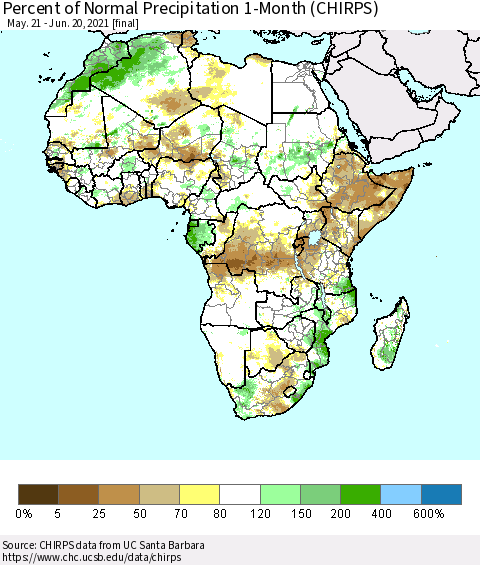 Africa Percent of Normal Precipitation 1-Month (CHIRPS) Thematic Map For 5/21/2021 - 6/20/2021