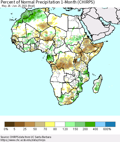 Africa Percent of Normal Precipitation 1-Month (CHIRPS) Thematic Map For 5/26/2021 - 6/25/2021