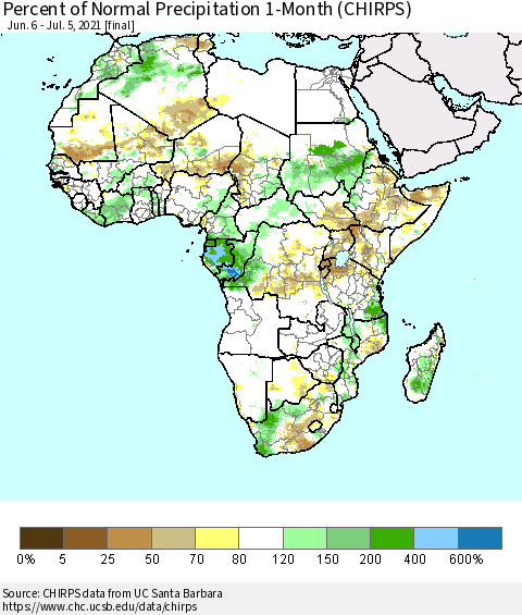 Africa Percent of Normal Precipitation 1-Month (CHIRPS) Thematic Map For 6/6/2021 - 7/5/2021
