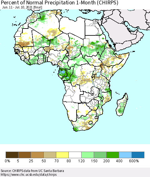 Africa Percent of Normal Precipitation 1-Month (CHIRPS) Thematic Map For 6/11/2021 - 7/10/2021